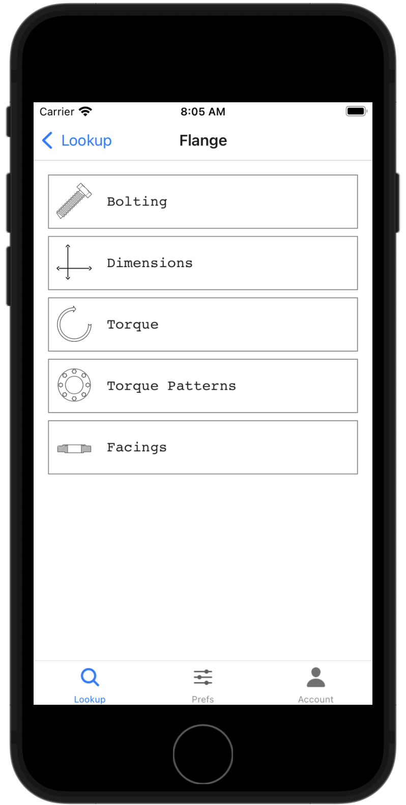 Screenshot of the Flange Bolt Chart app showing data related to ASME B15.5.