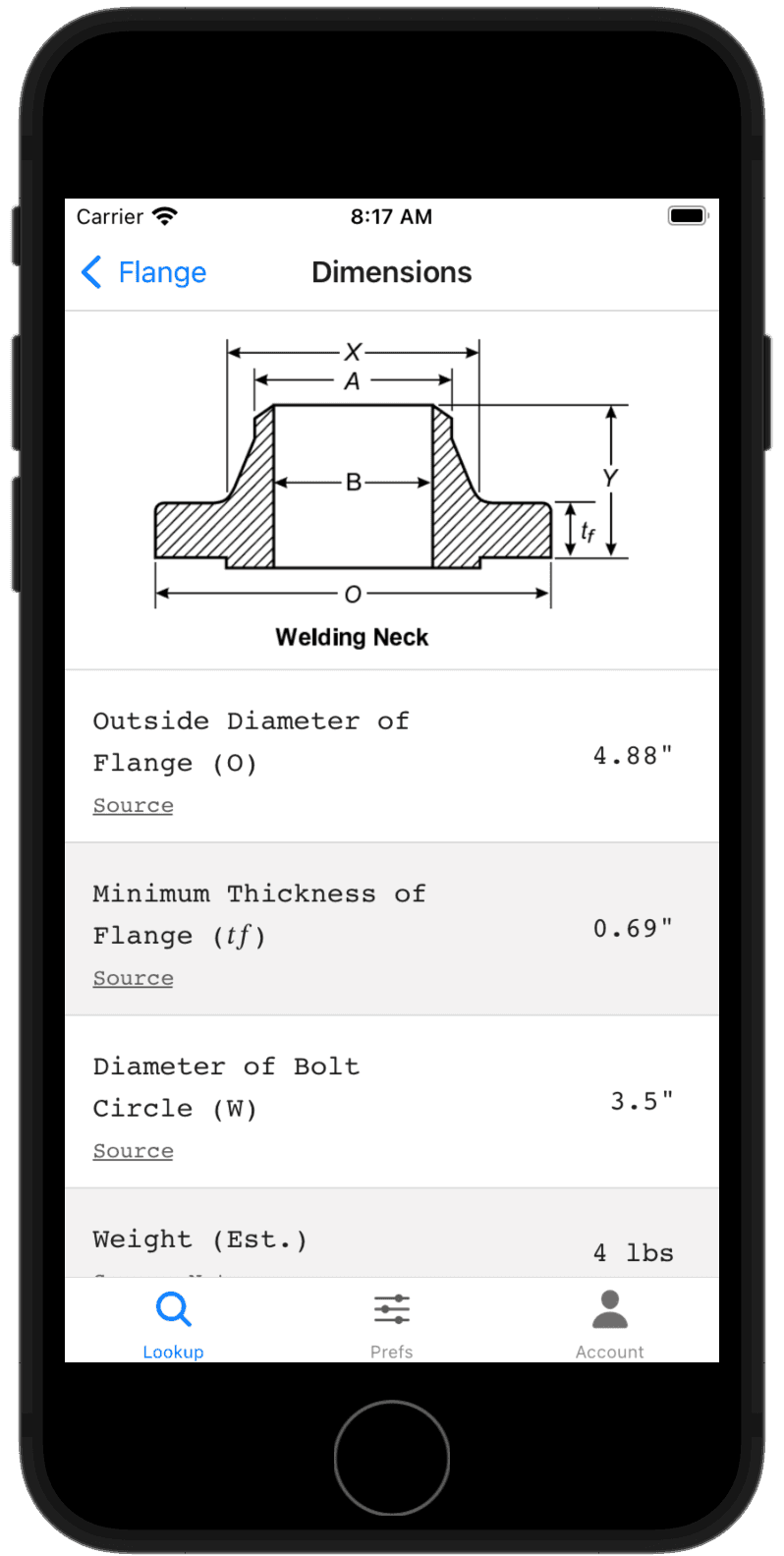 Screenshot of the Flange Bolt Chart app showing flange dimensions for weld neck flange.