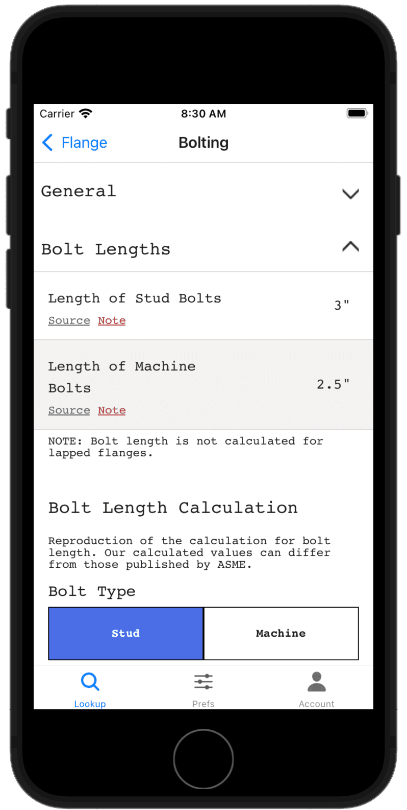 Flange Bolt Chart app screenshot showing the bolt length for a flange.