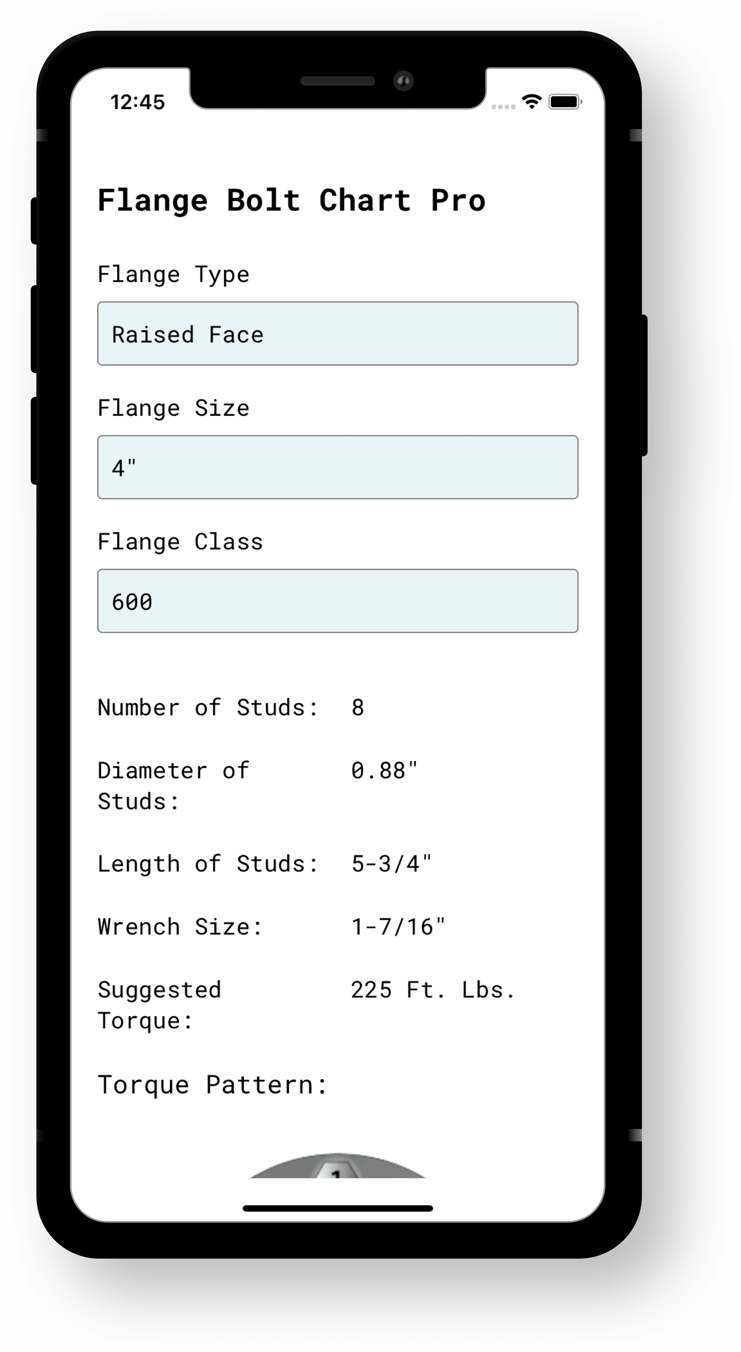 Flange bolt chart app screenshot