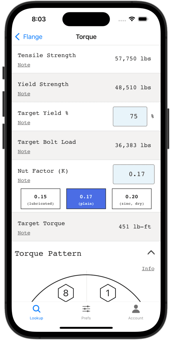 Screenshot of a target torque calculation in the Flange Bolt Chart app.