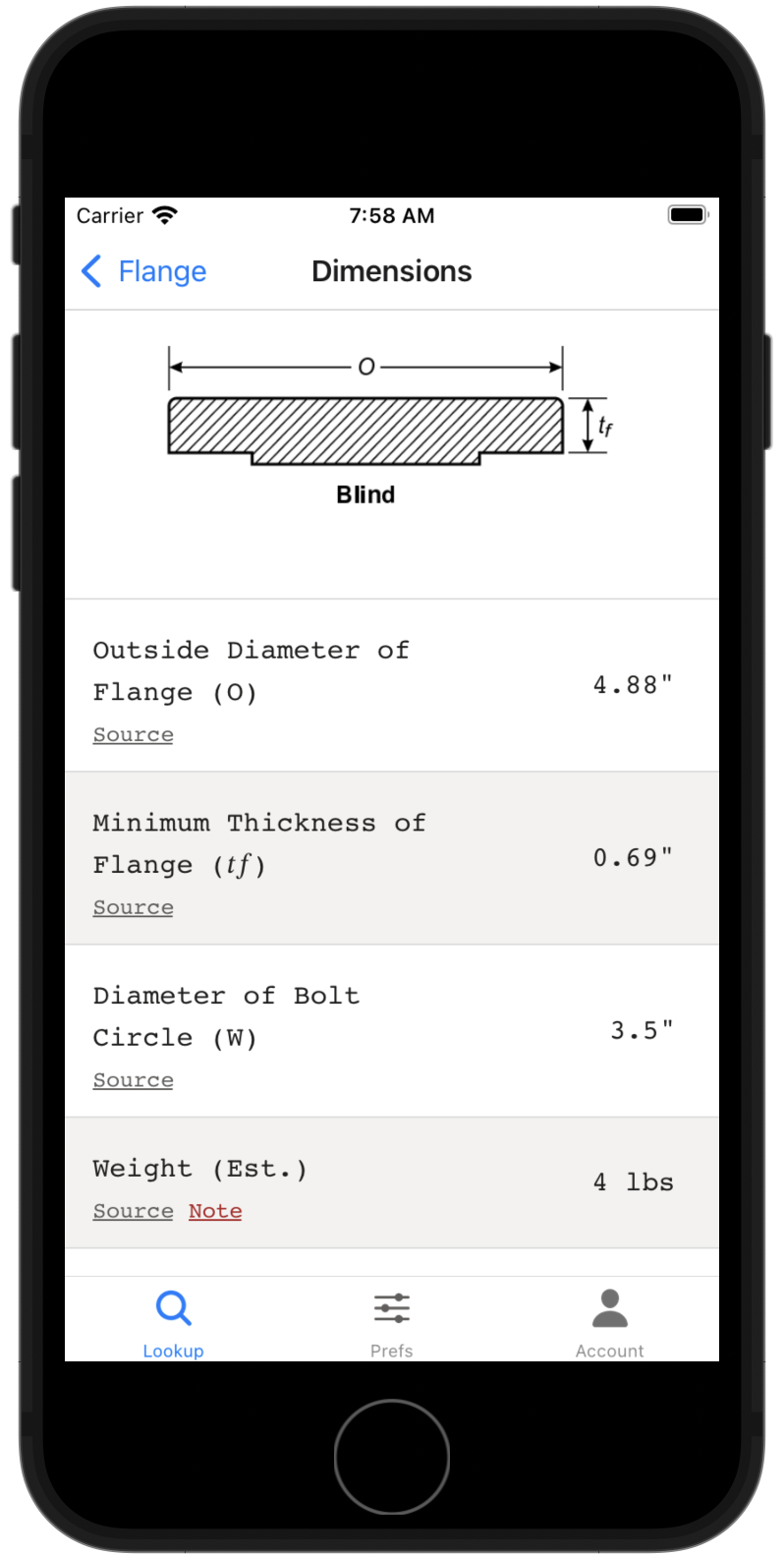 Screenshot of the Flange Bolt Chart app showing flange dimensions for blind flange.