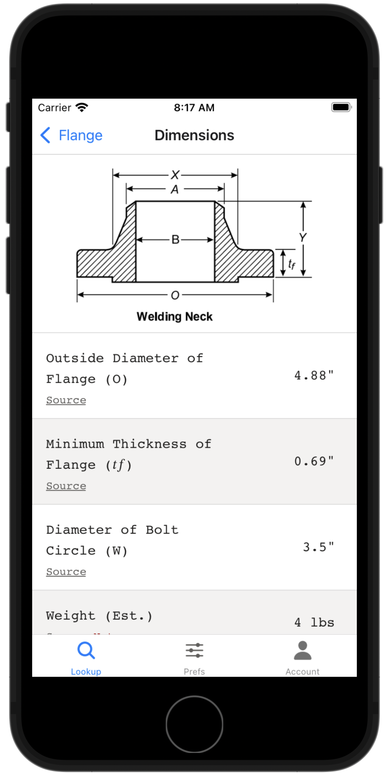 Screenshot of the Flange Bolt Chart app showing flange dimensions for weld neck flange.