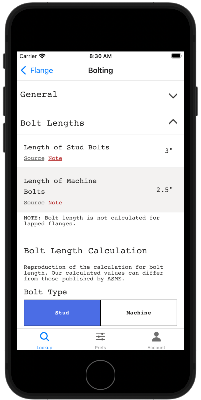 Flange Bolt Chart app screenshot showing the bolt length for a flange.